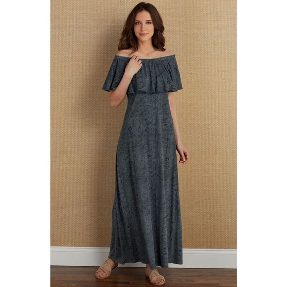 Soft Surroundings Gray Print Long Maxi Off Shoulders Shift Dress Size PM - Picture 1 of 8